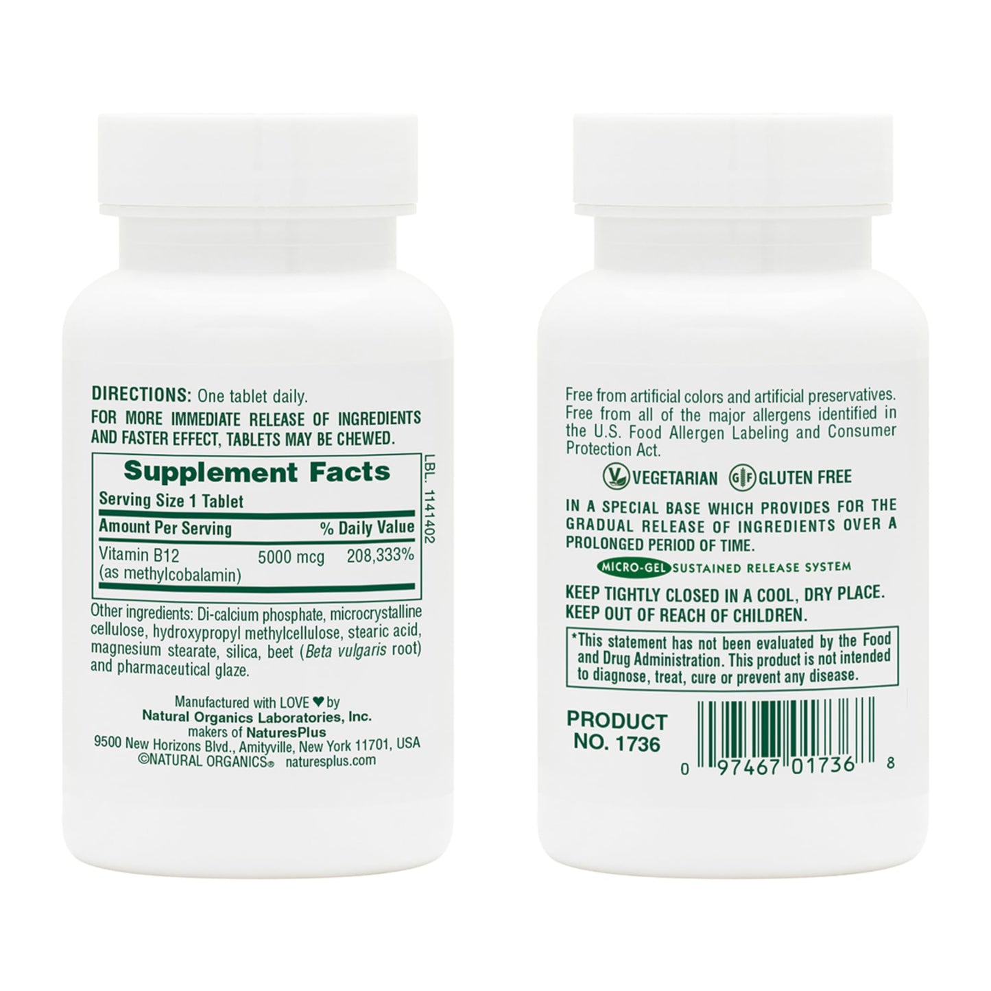 Tabletas liberación prolongada NaturesPlus Shot-O-B12 5000 mcg
