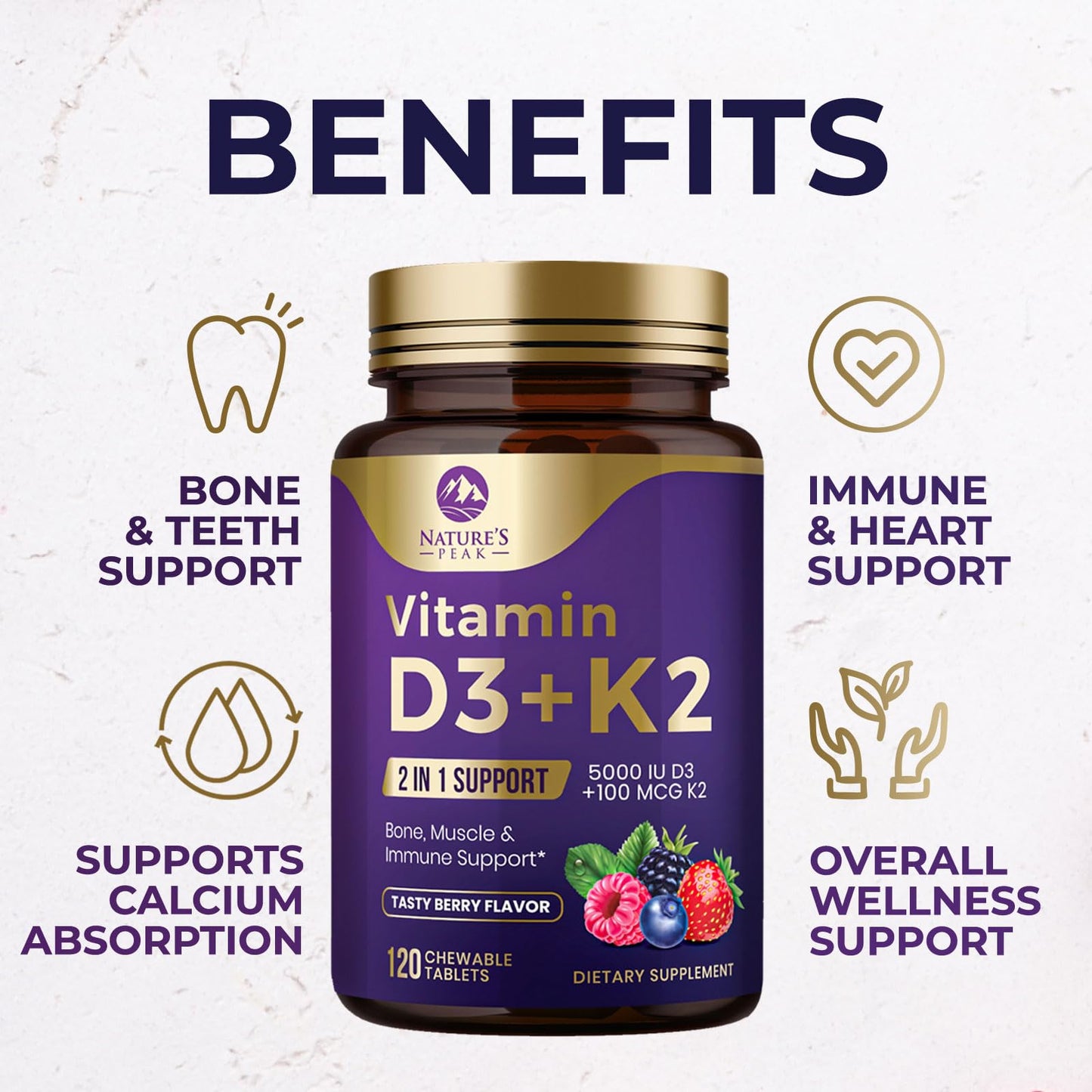 Tabletas masticables sabor berry vitamina d3 y k2 natures peak