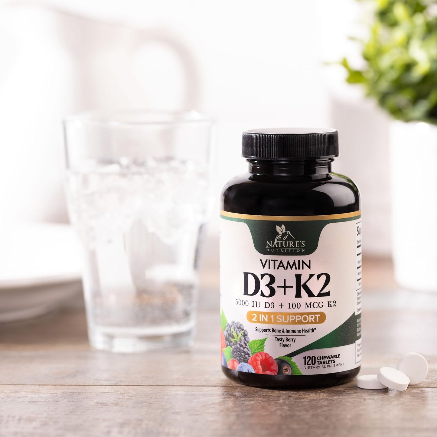 Tabletas masticables vitamina D3 5000 IU con K2 para mejor absorción y salud