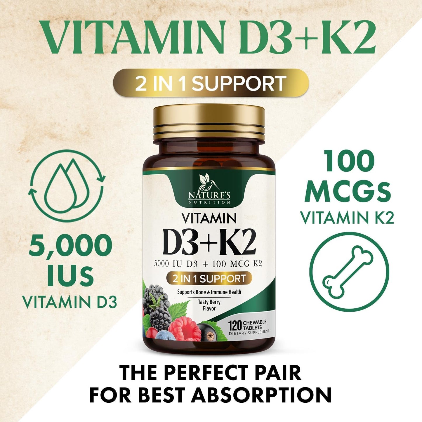 Tabletas masticables vitamina D3 con K2 MK-7 soporte para huesos y corazón