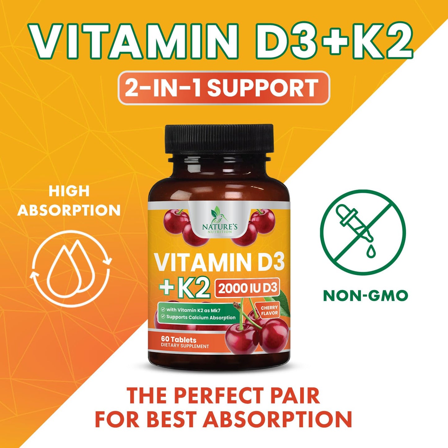 Tabletas masticables vitamina D3 K2 para salud ósea y corazón