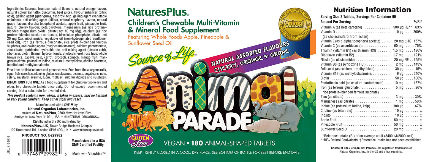 Tabletas masticables con vitaminas y minerales para niños Animal Parade