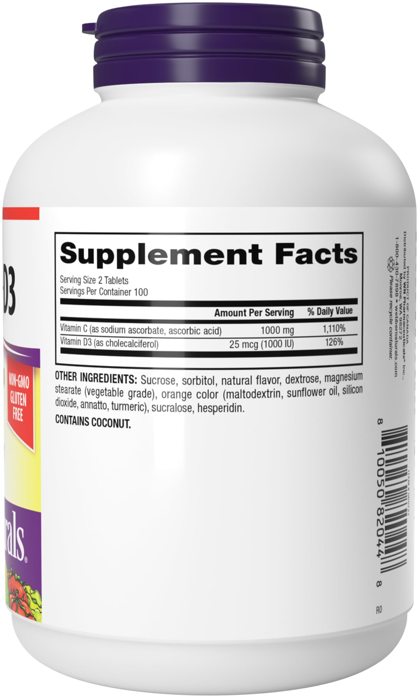 Tabletas masticables Webber Naturals vitamina c+d3