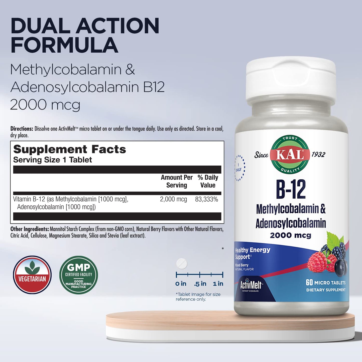 Tabletas micro disolventes KAL vitamina b12 activmelt sabor natural