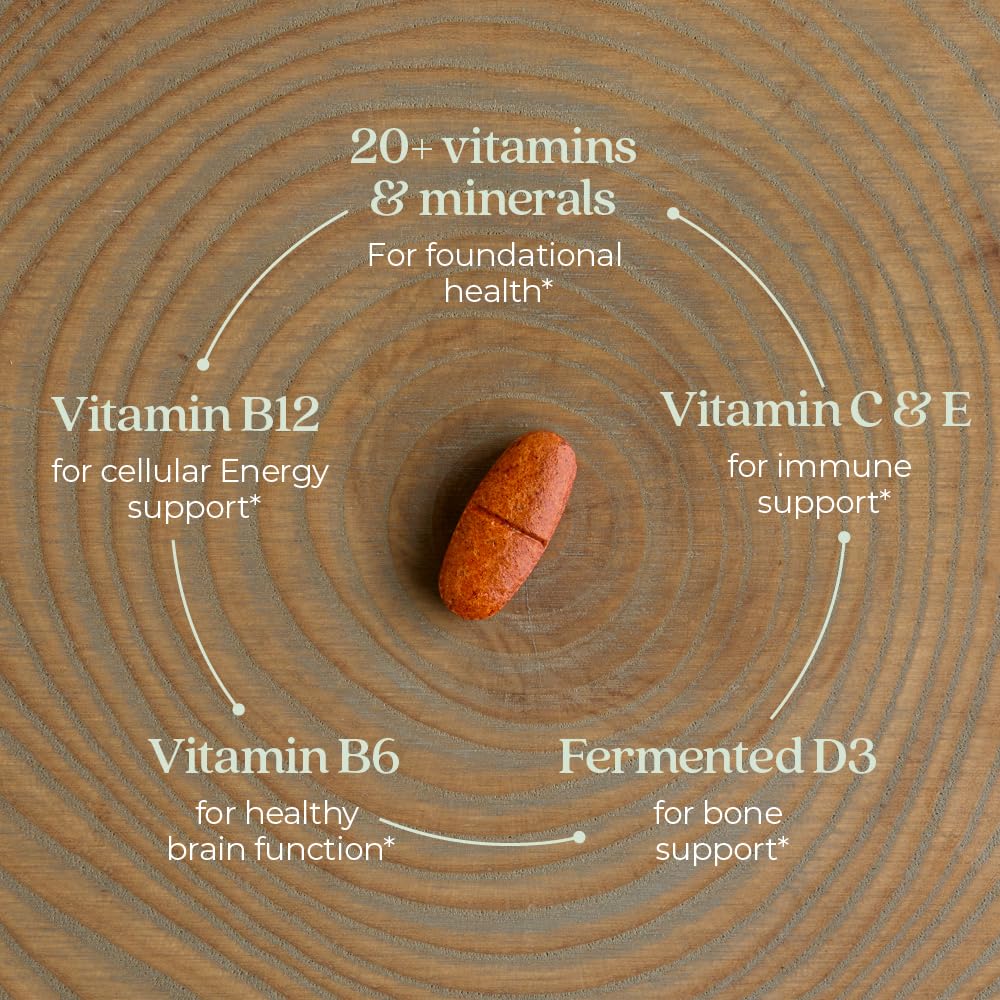 Composición de tabletas circulares mostrando multivitaminas y minerales