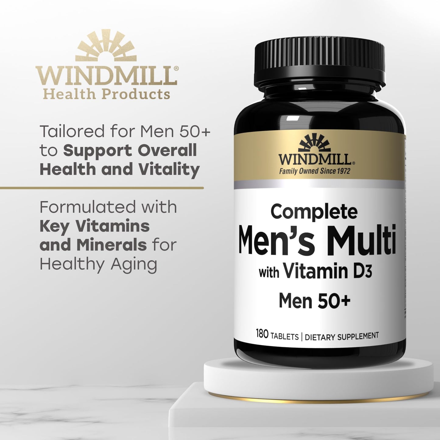 Tabletas multivitaminas para hombres 50+ con vitaminas clave de Windmill.