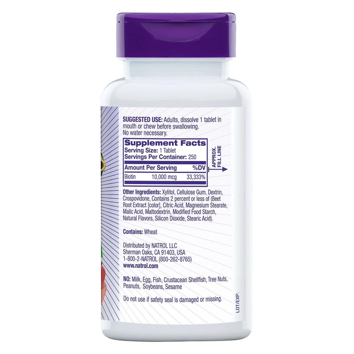 Tabletas Natrol Biotina 10000 mcg detalle envase