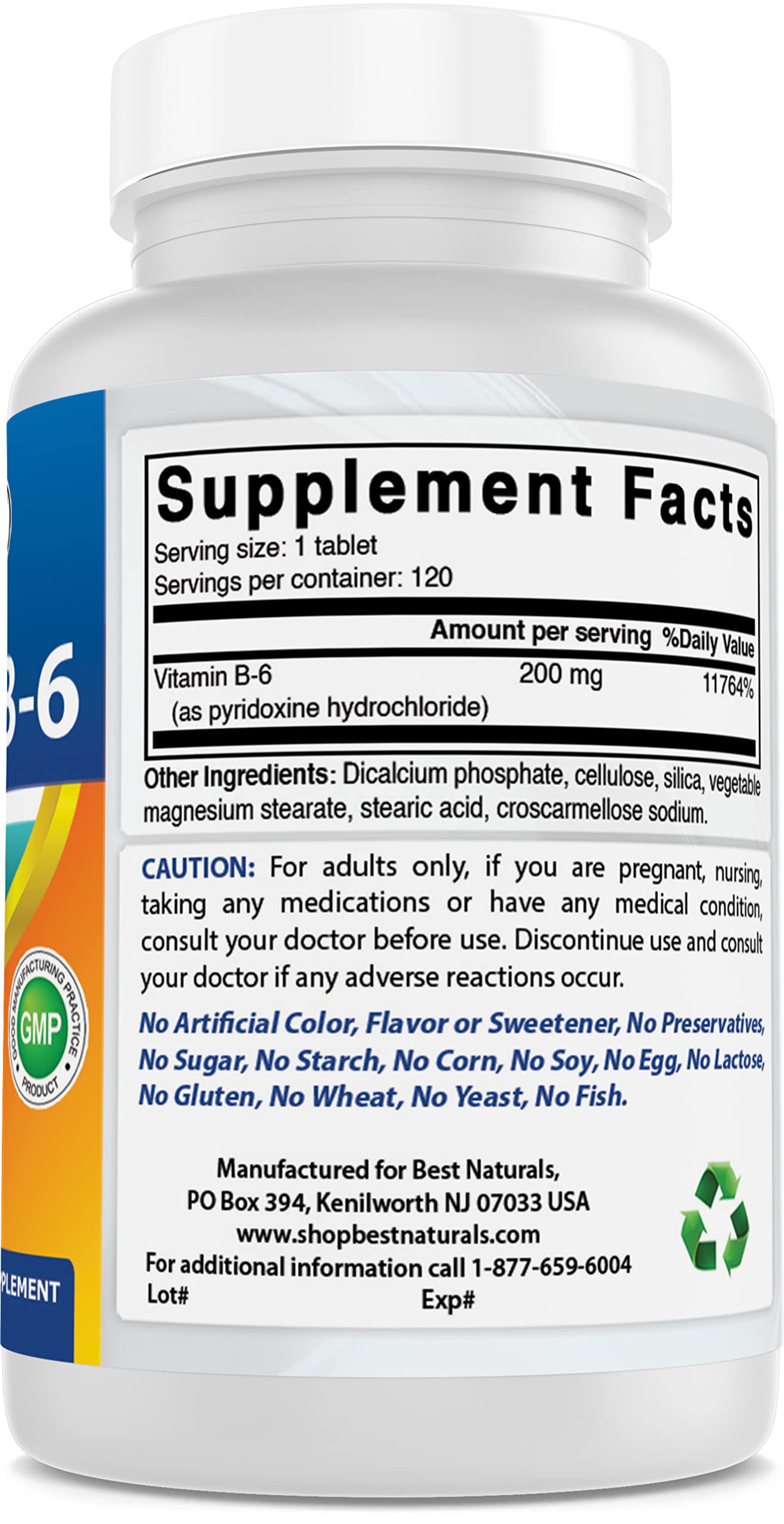 Tabletas naturales Vitamina B6 200mg sin gluten