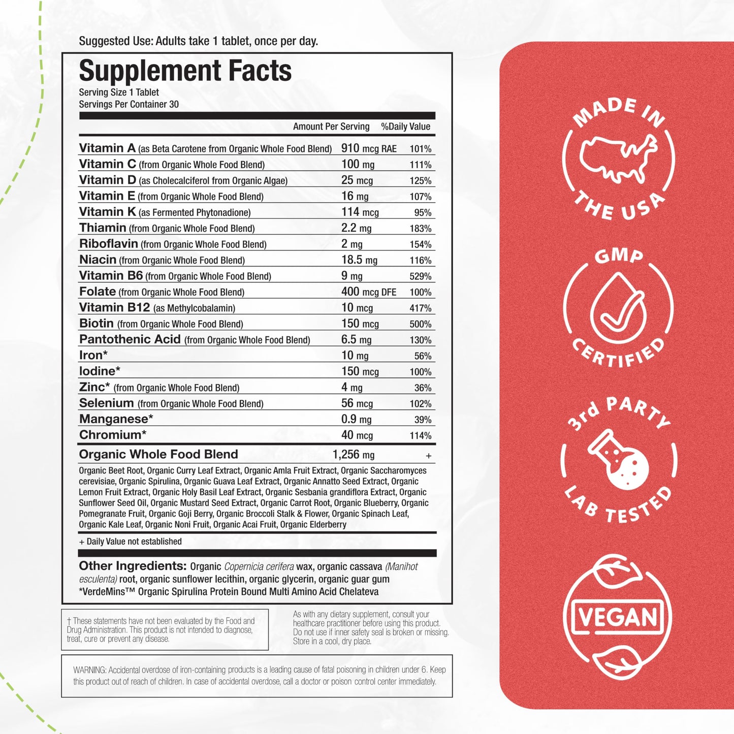 Tabletas orgánicas veganas Mama Natural para uso diario multivitamínico