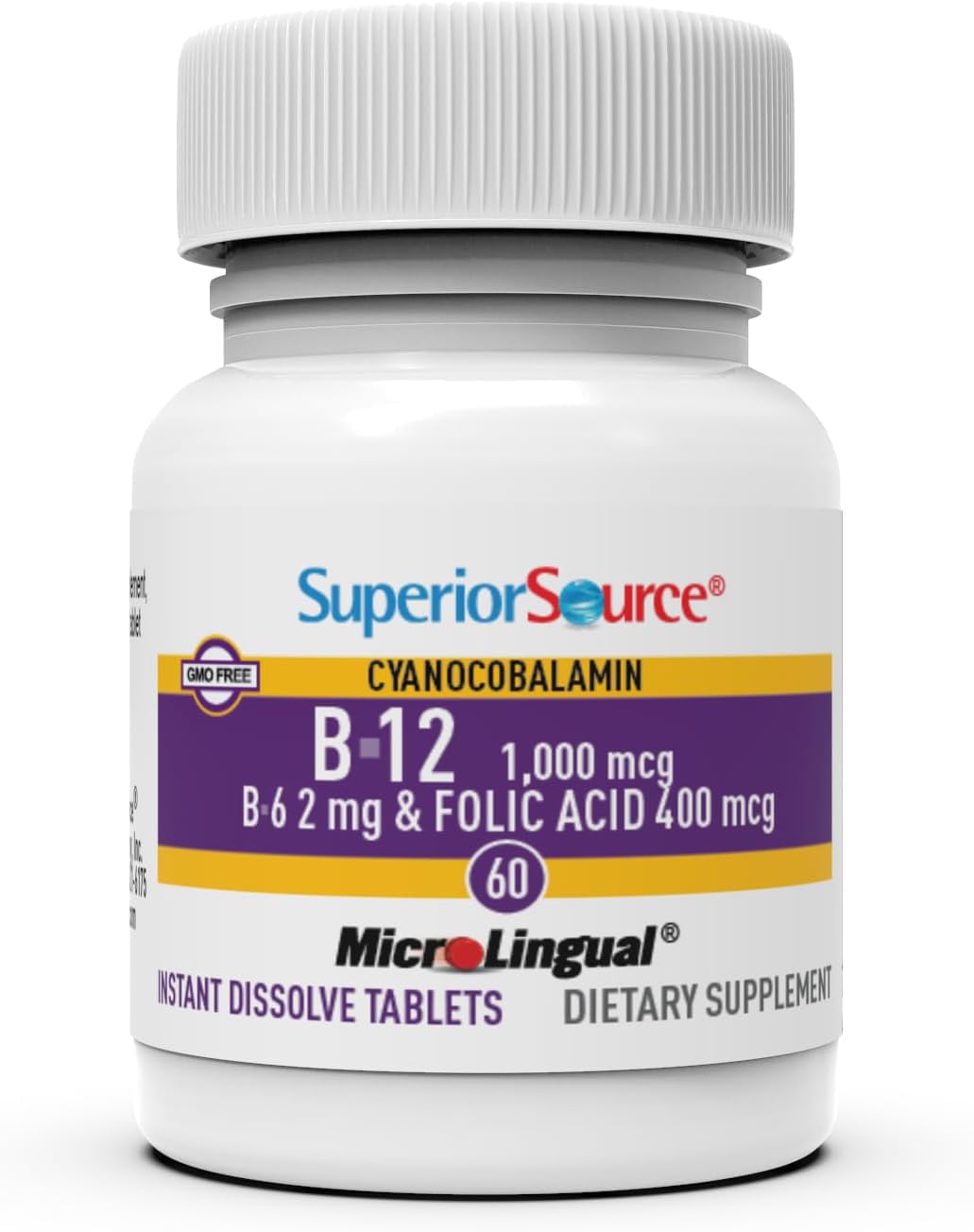 Tabletas sublinguales Superior Source B-12 sobre la lengua