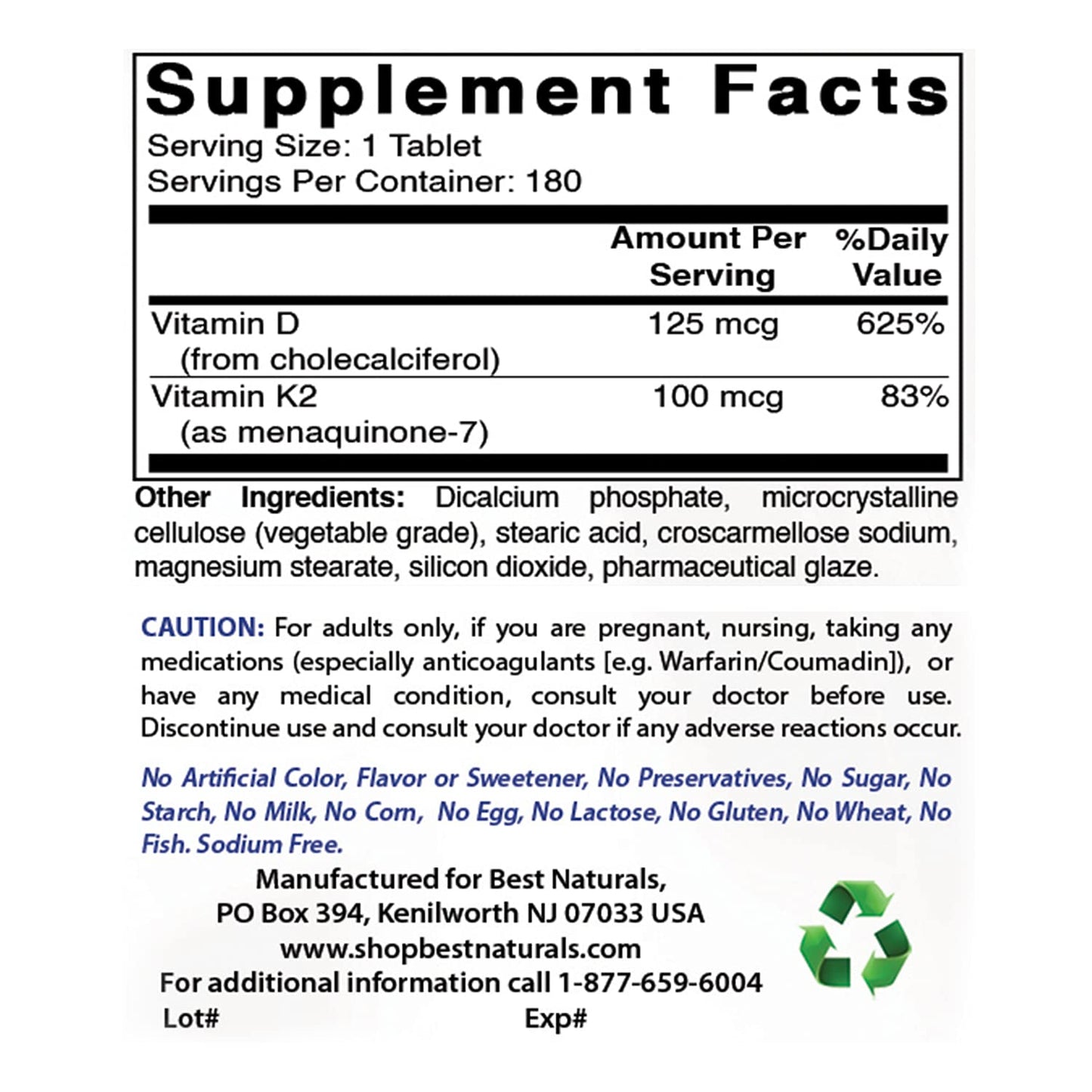 Tabletas suplementarias Best Naturals B12 y K2 con D3