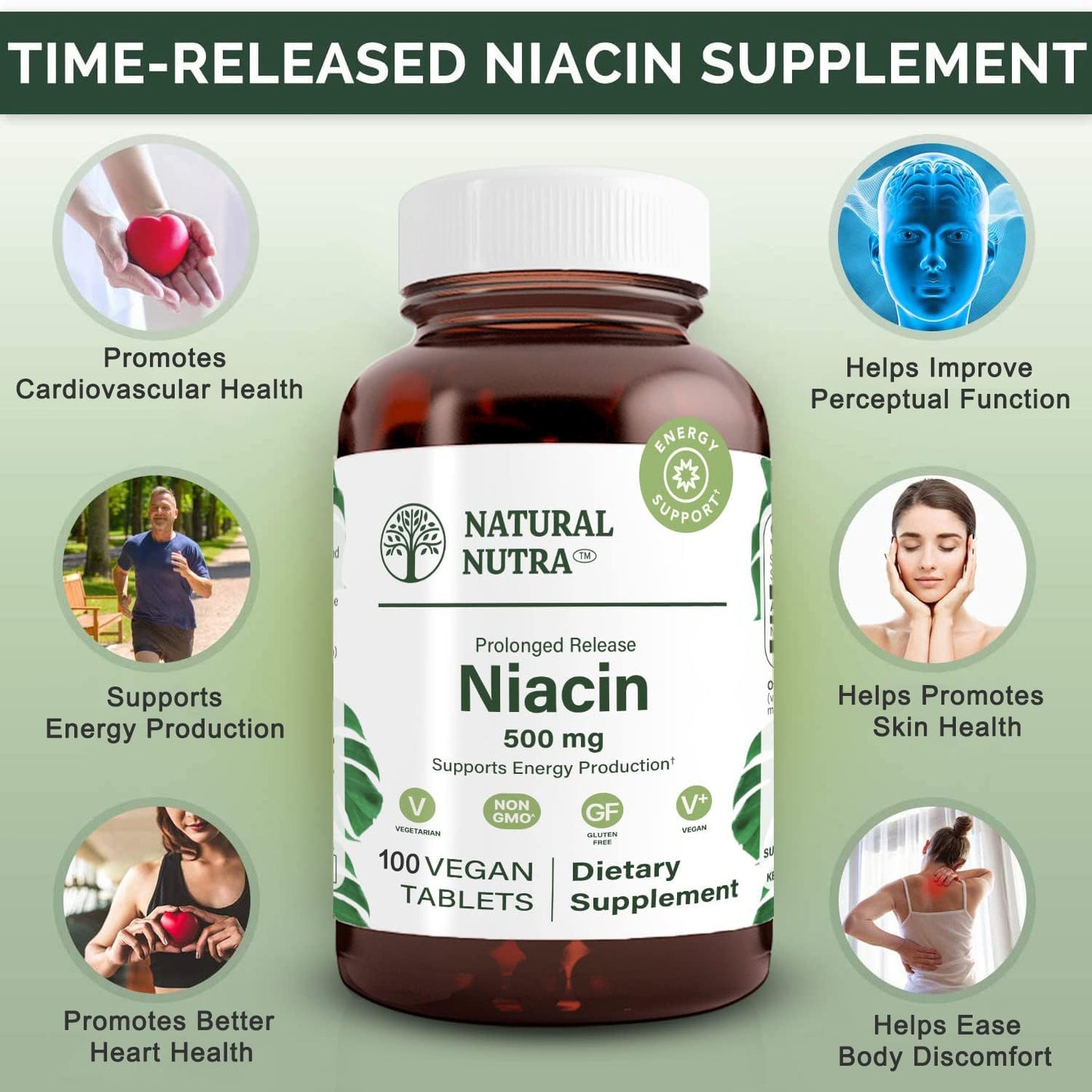 Tabletas veganas de niacina 500 mg Natural Nutra para salud y energía