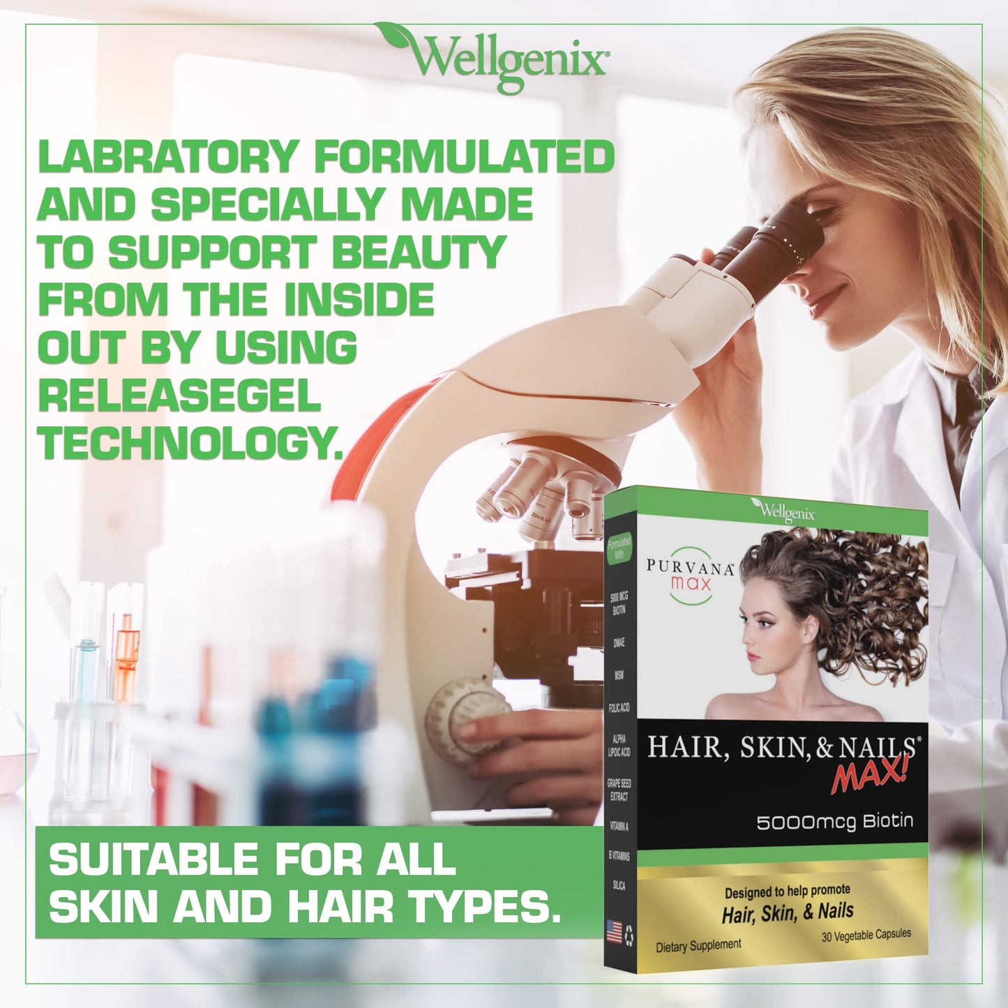 Tabletas vegetales Biotina 5000 mcg Purvana Max para cabello y piel