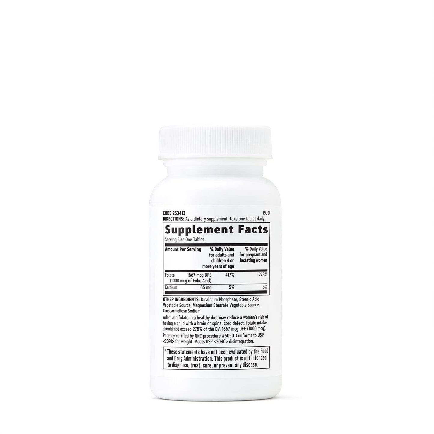 Tabletas vegetarianas de ácido fólico GNC 1000mcg paquete de 100
