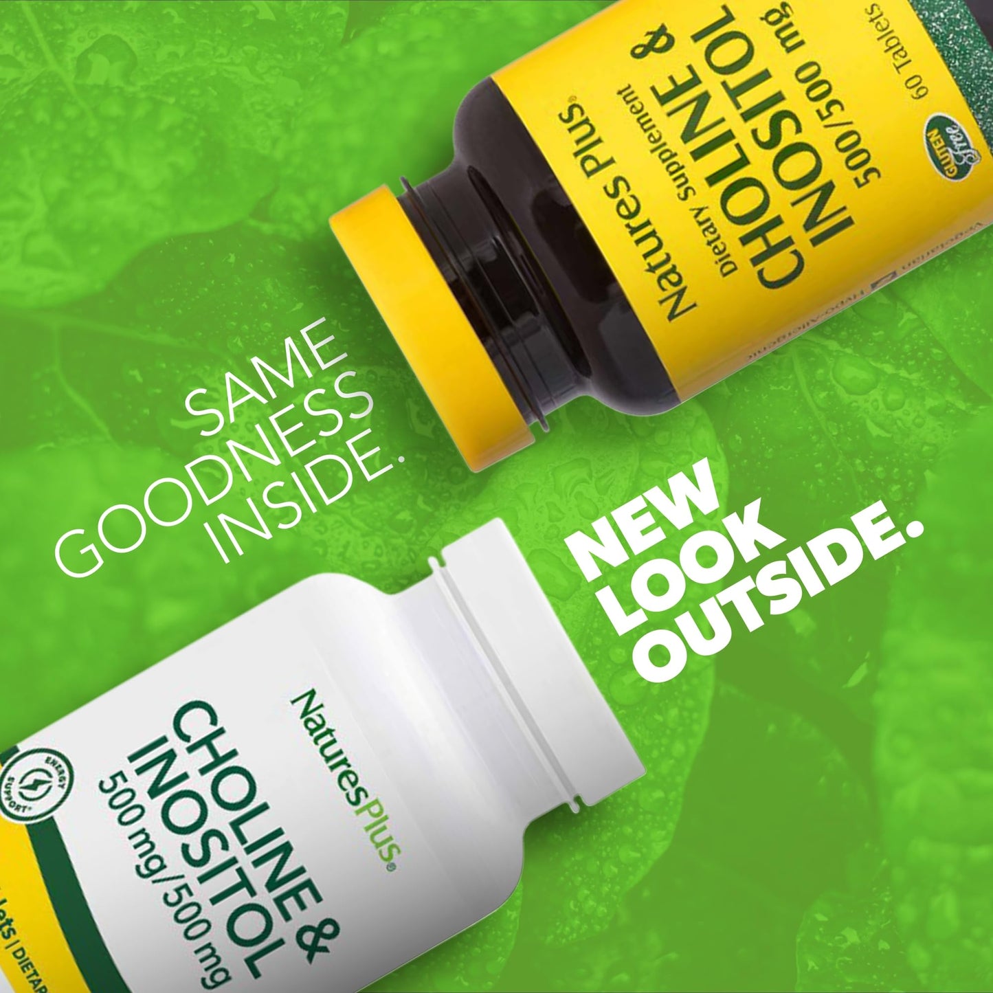 Tabletas vegetarianas Natures Plus colina e inositol vista frontal