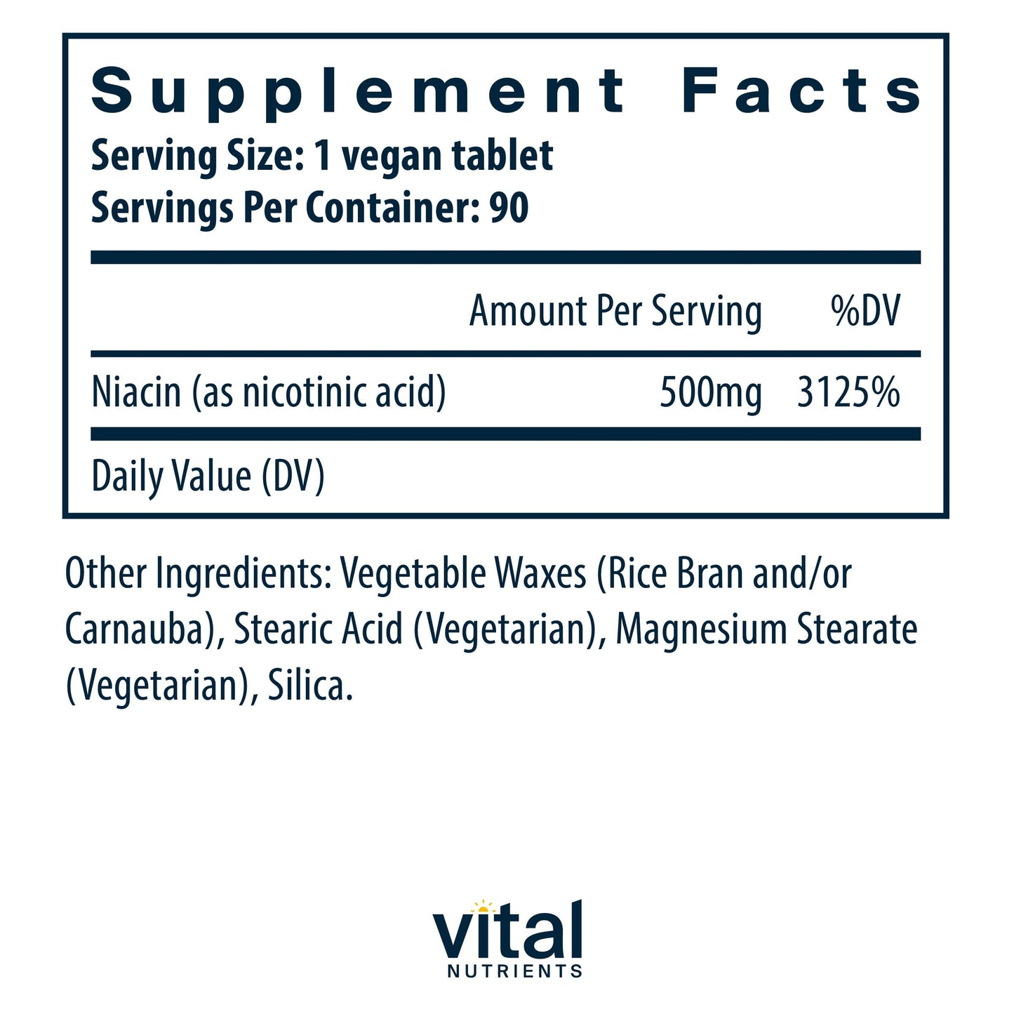 Tabletas Vital Nutrients niacina 500mg salud corazón