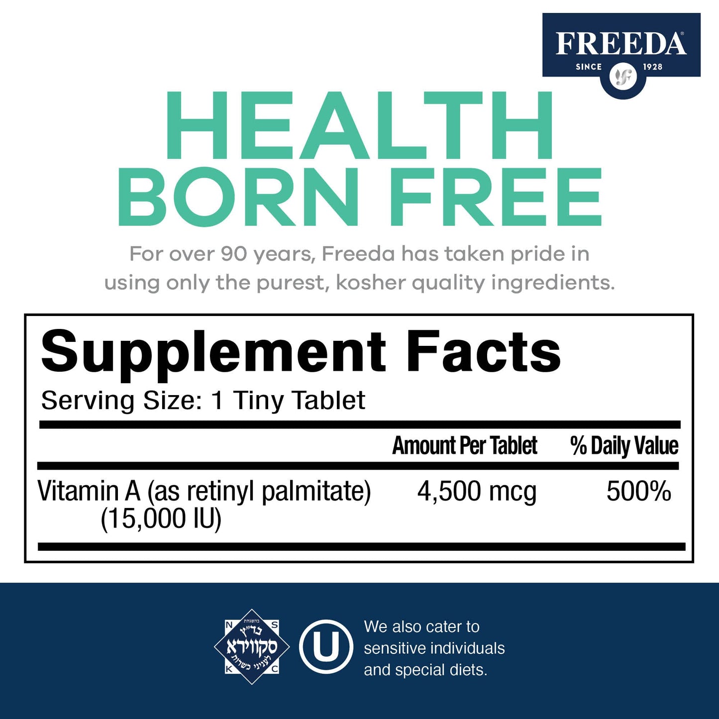 Tabletas Vitamina A palmitato Freeda kosher para salud inmune
