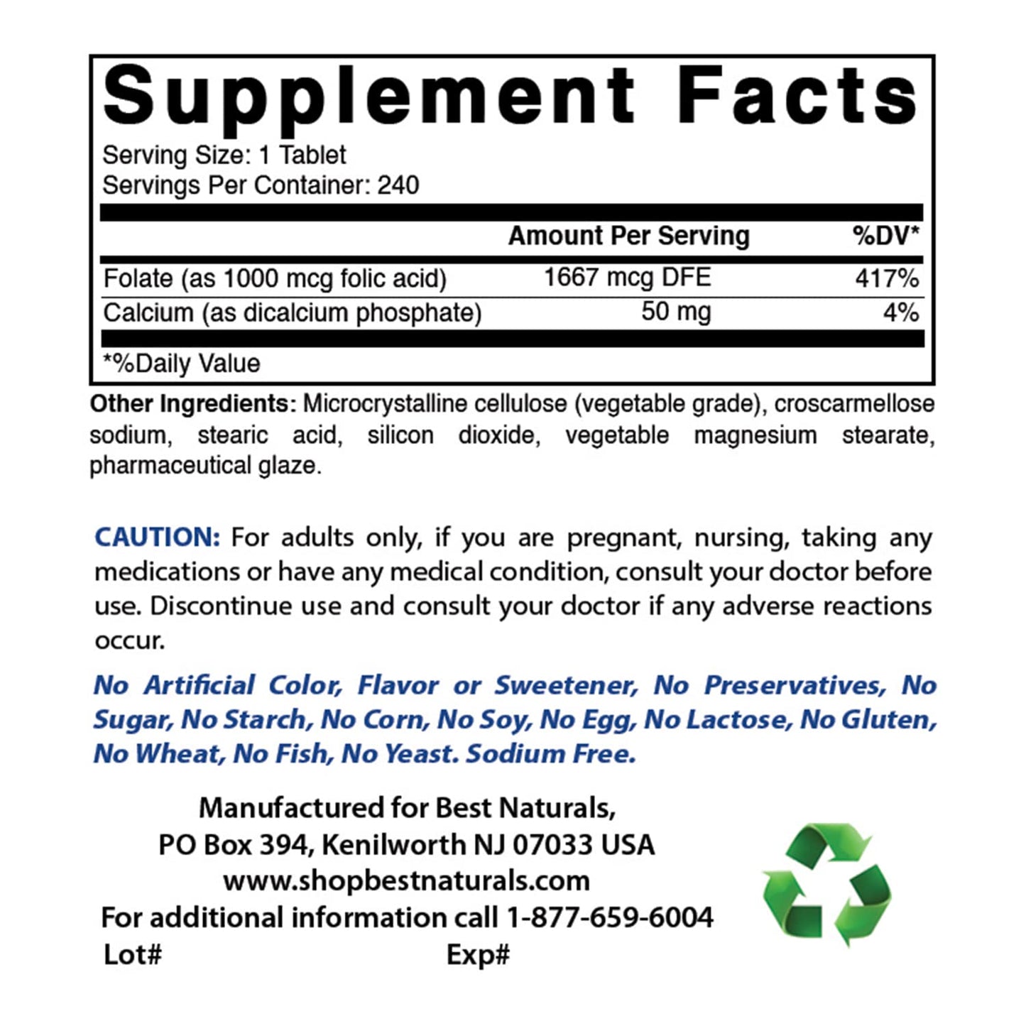 Tabletas Vitamina B1 100 mg y Ácido Fólico 1000 mcg Best Naturals