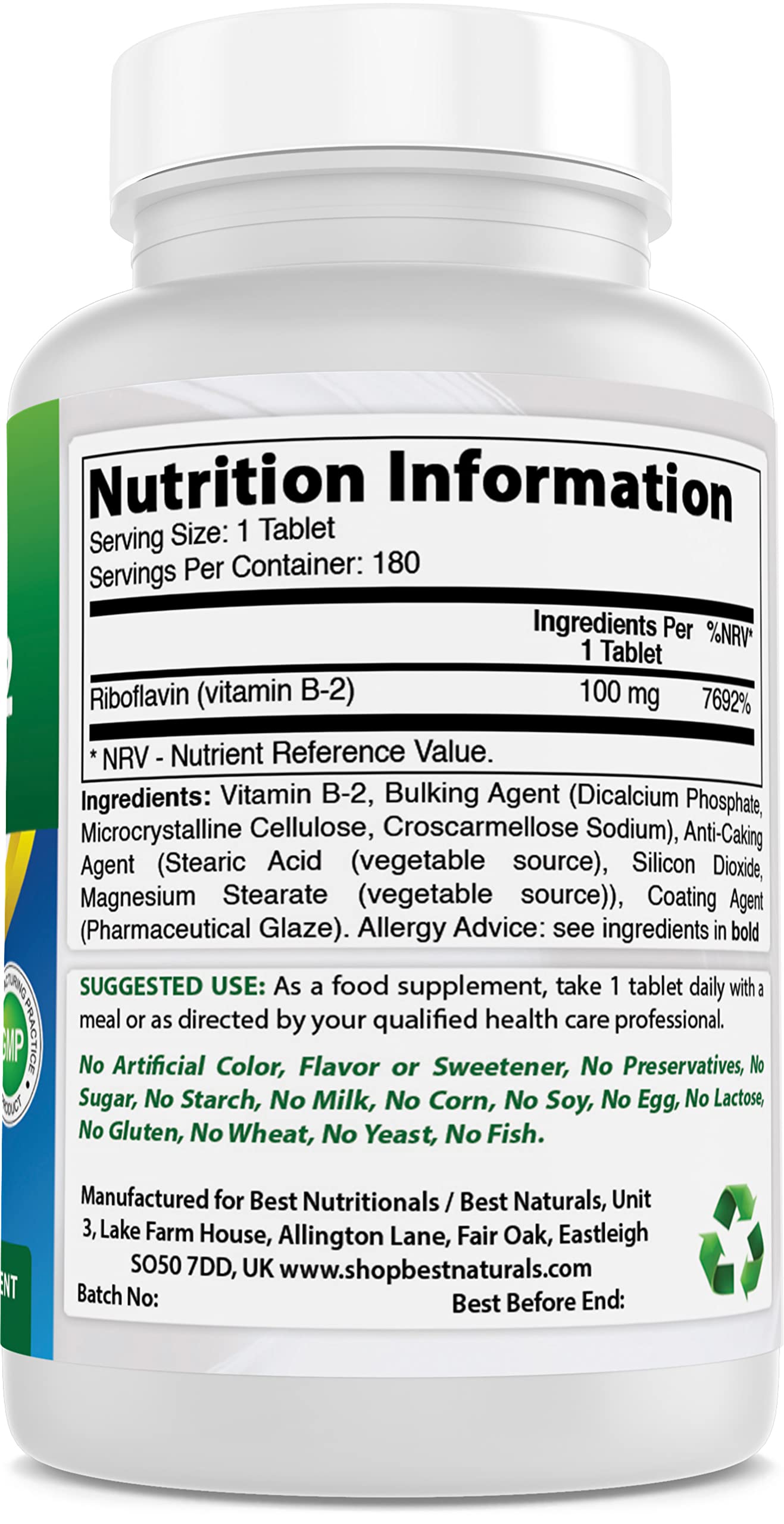 Tabletas de vitamina B2 Best Naturals 100 mg vista frontal
