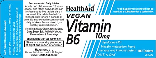 Tabletas vitamina B6 Health Aid clorhidrato de piridoxina