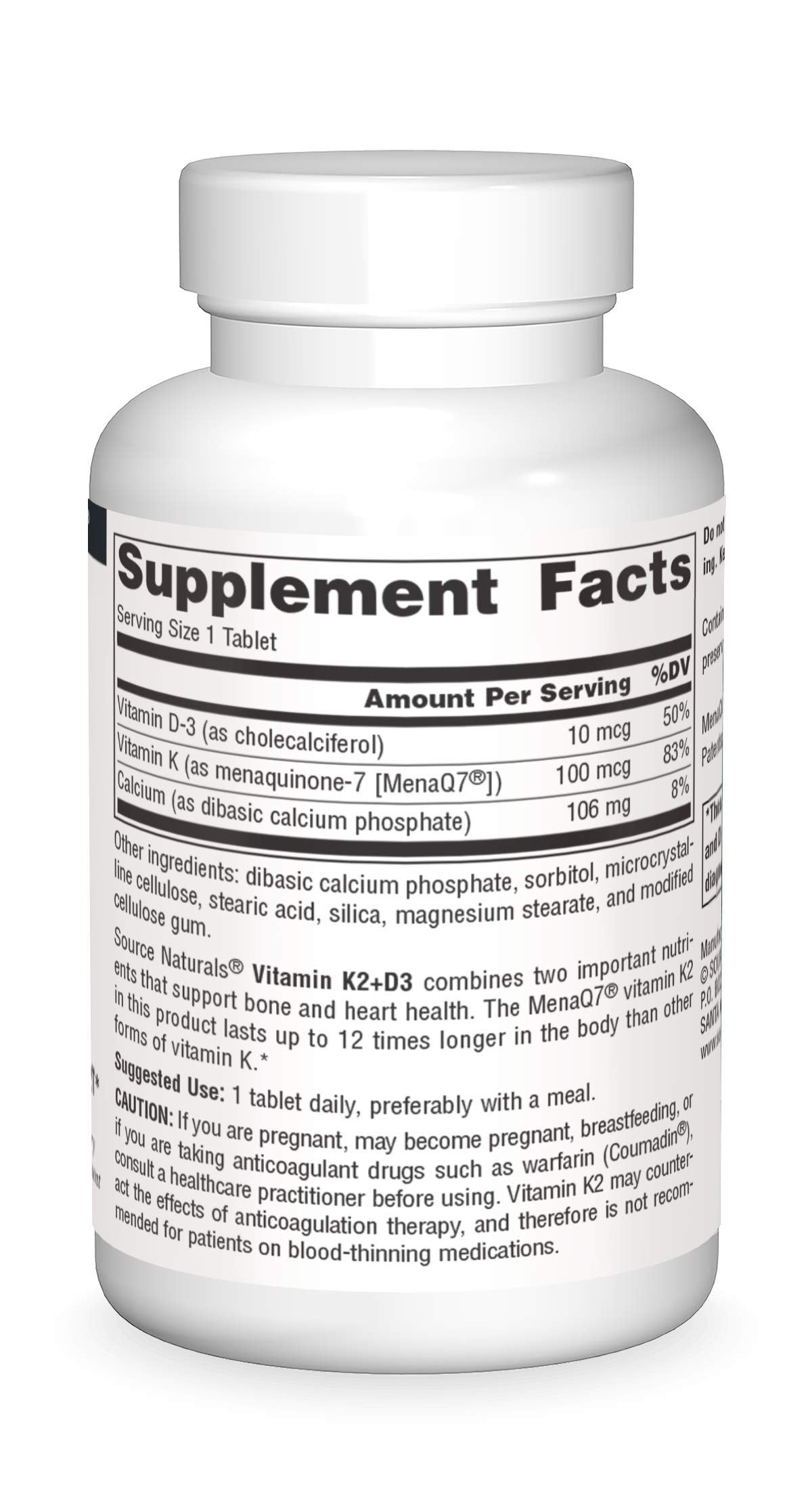 Tabletas vitamina K2 D3 calcio Source Naturals