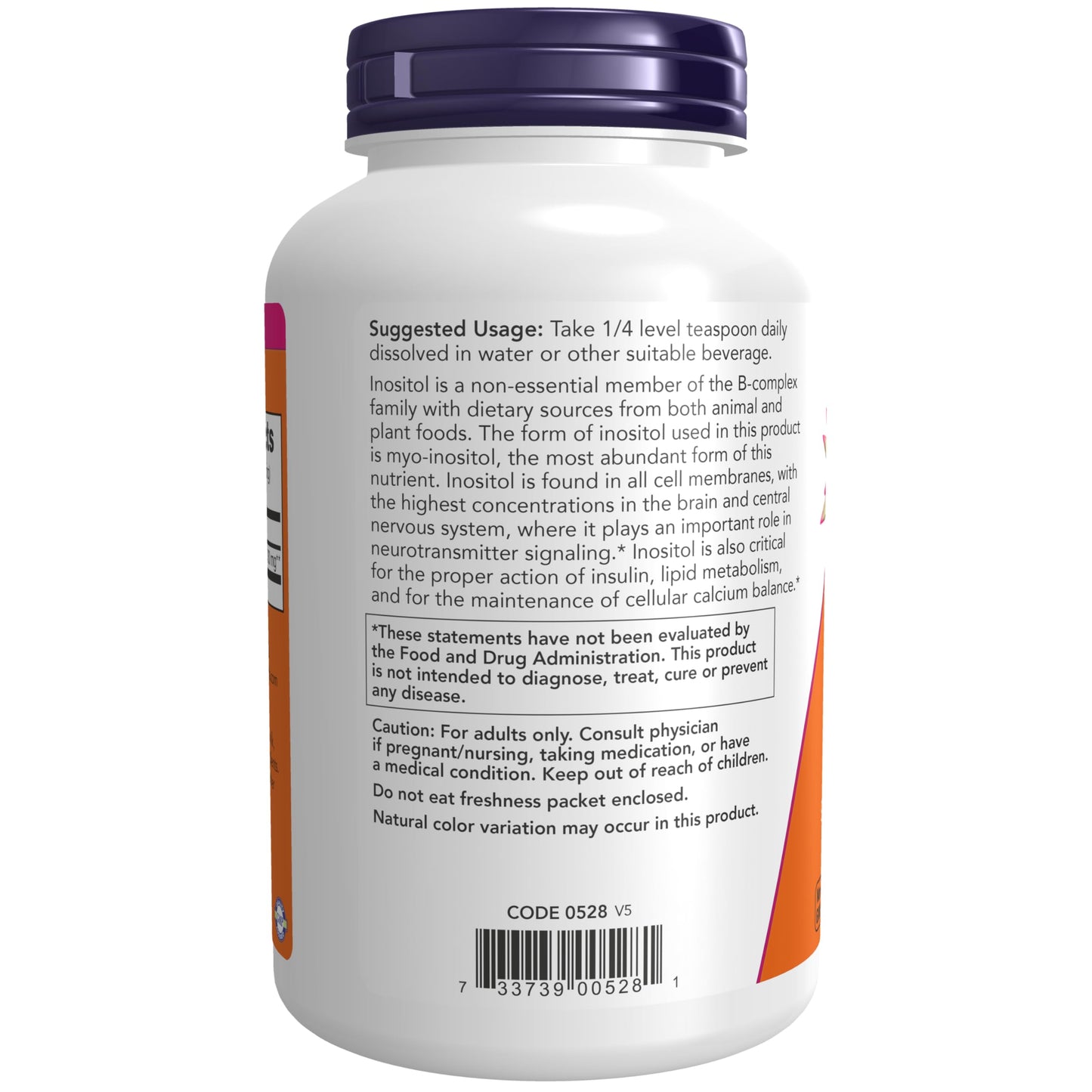 Tapa del envase polvo inositol NOW Foods