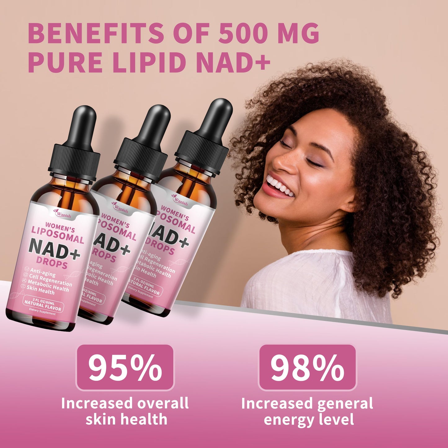 Tecnología liposomal Wanish suplemento NAD 500 mg gotas vegano