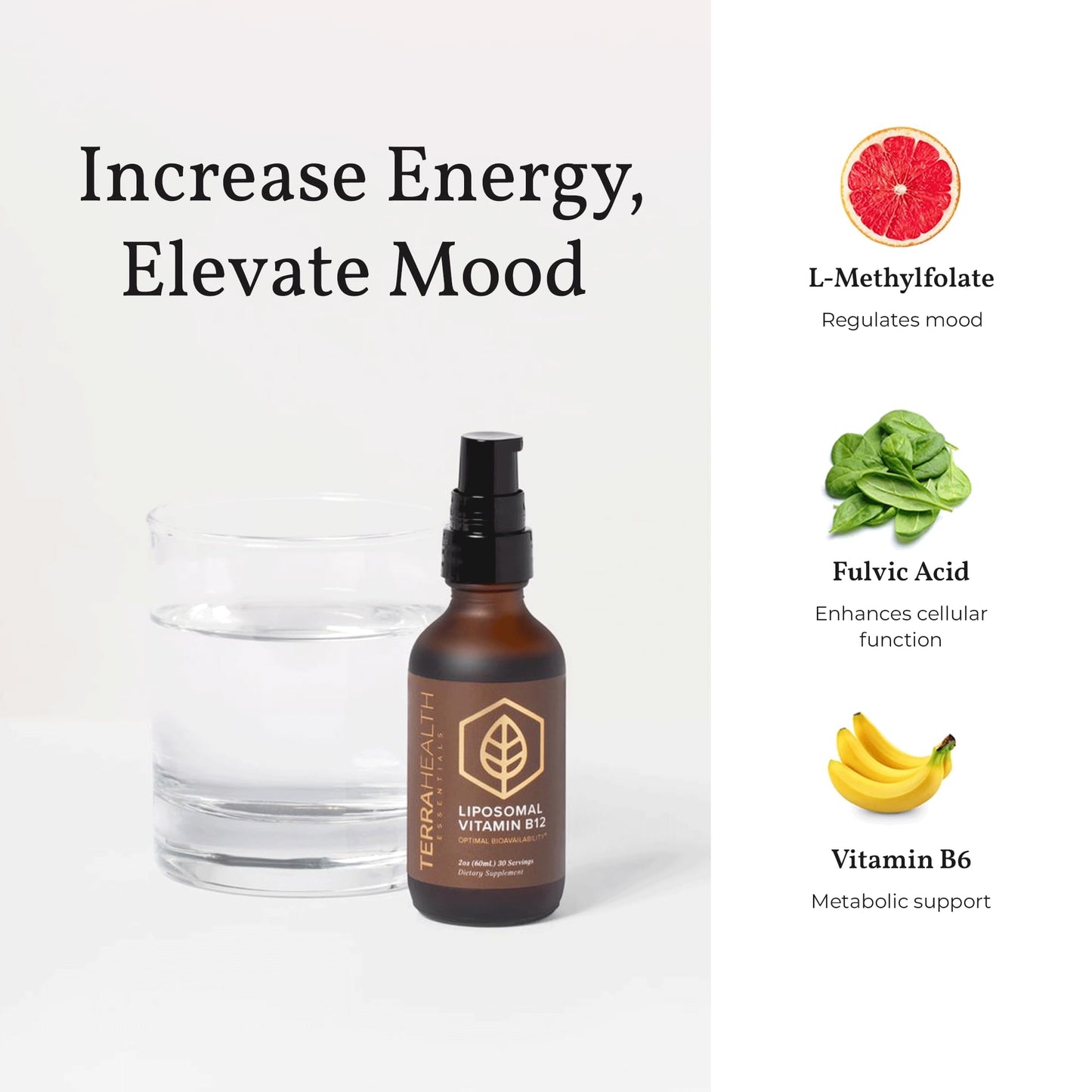 Suplemento vitamínico Terra Health Essentials B12 liposomal vista frontal