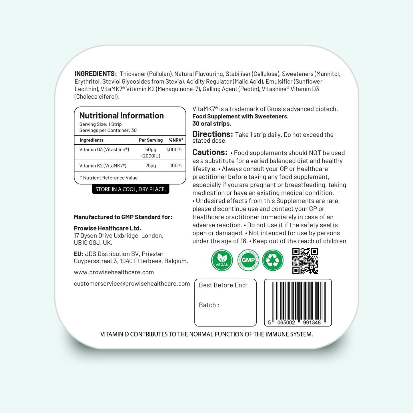 Tiras prostrip sin agua vitamina d3 k2 2000 iu suplementos