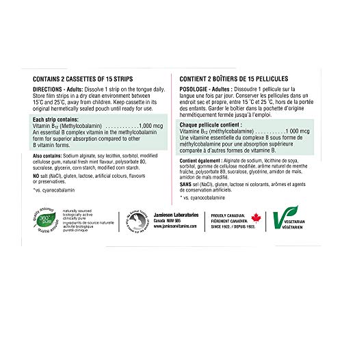 tiras de vitamina b12 Jamieson disolución rápida sabor menta