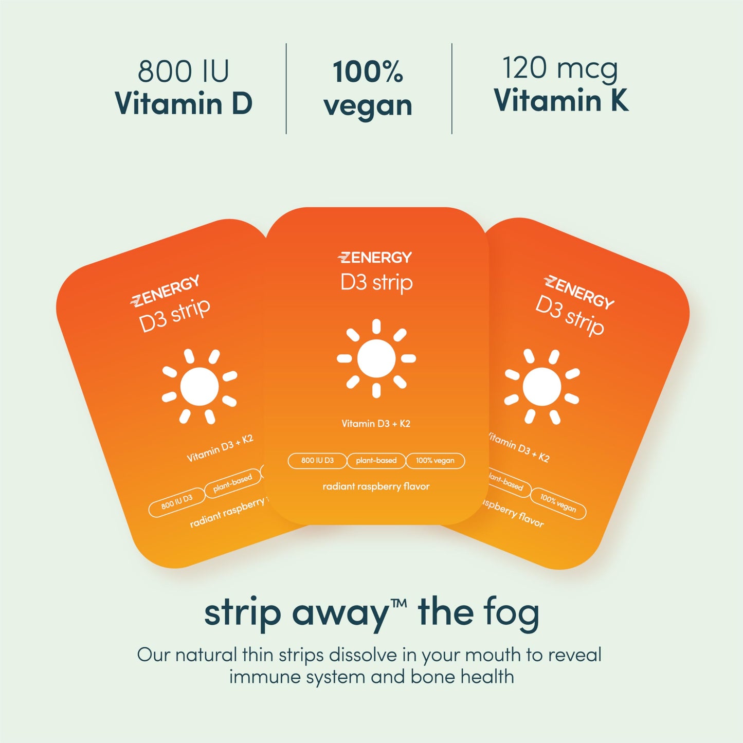 Tiras ZENERGY vitamina D3 y K2 para salud ósea sin azúcar