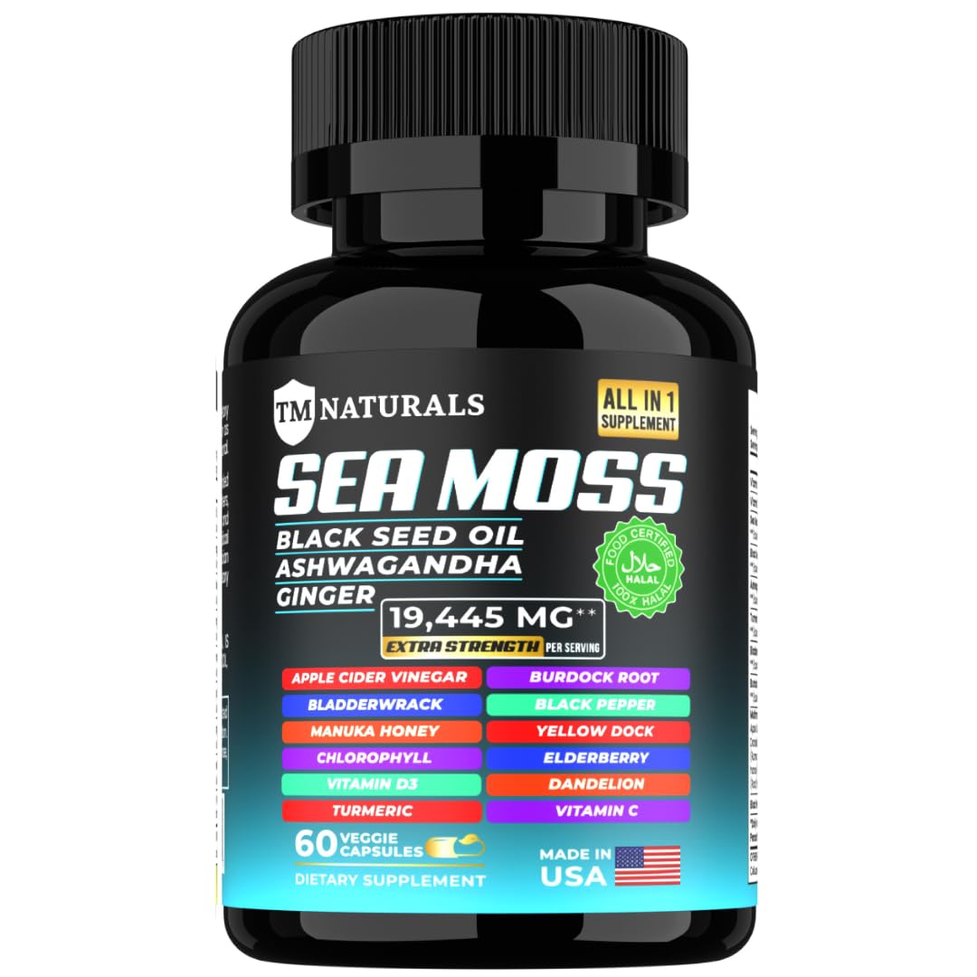 Frasco de cápsulas de musgo marino de TM NATURALS con ingredientes detallados