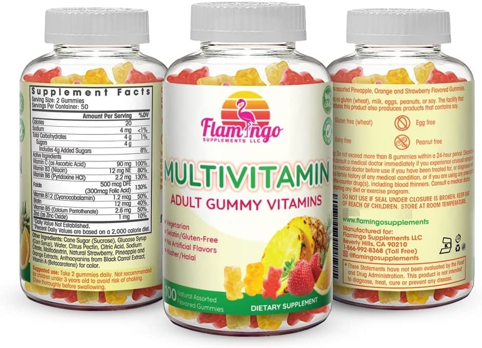 Tres botellas de gomitas Flamingo multivitamínicas empaquetadas