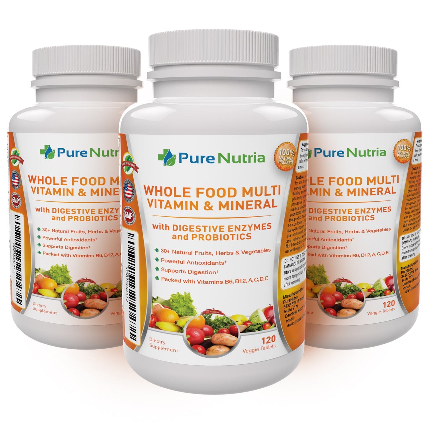 Tres botellas multivitamínico PureNutria alimentos integrales