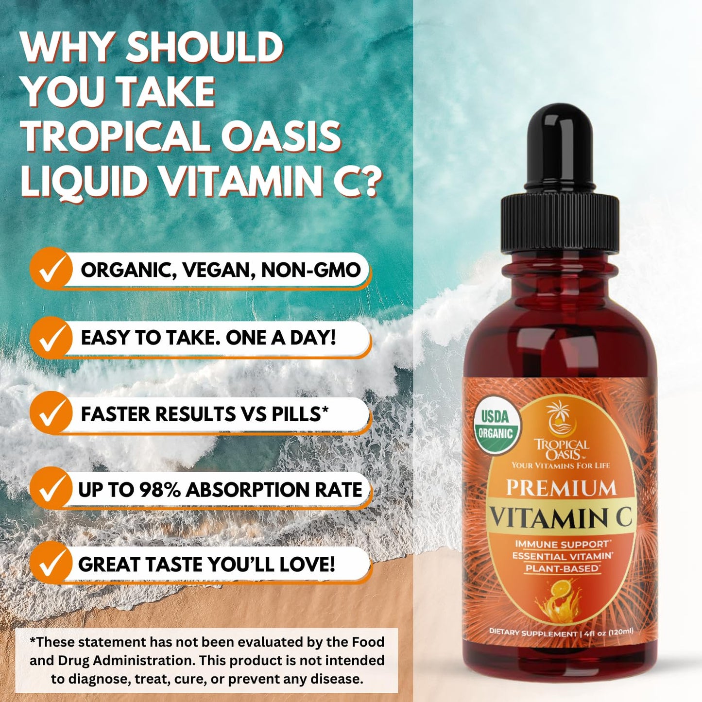 Tropical Oasis vitamina C líquida beneficios label