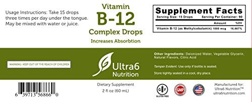 Ultra6 Nutrition gotas B12 suplemento líquido sin sabor 2 oz