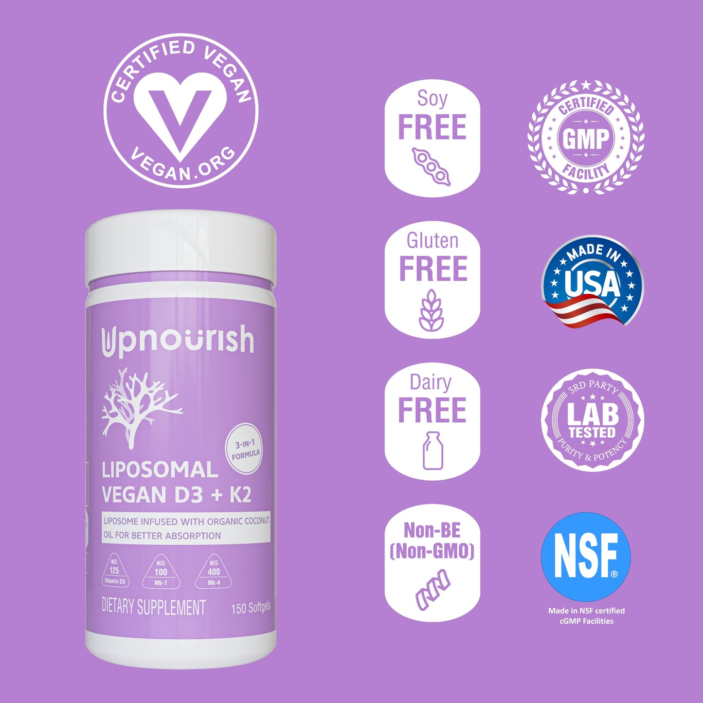 UpNourish suplemento vitamina D3 K2 MK4 MK7 vegano 150 cápsulas