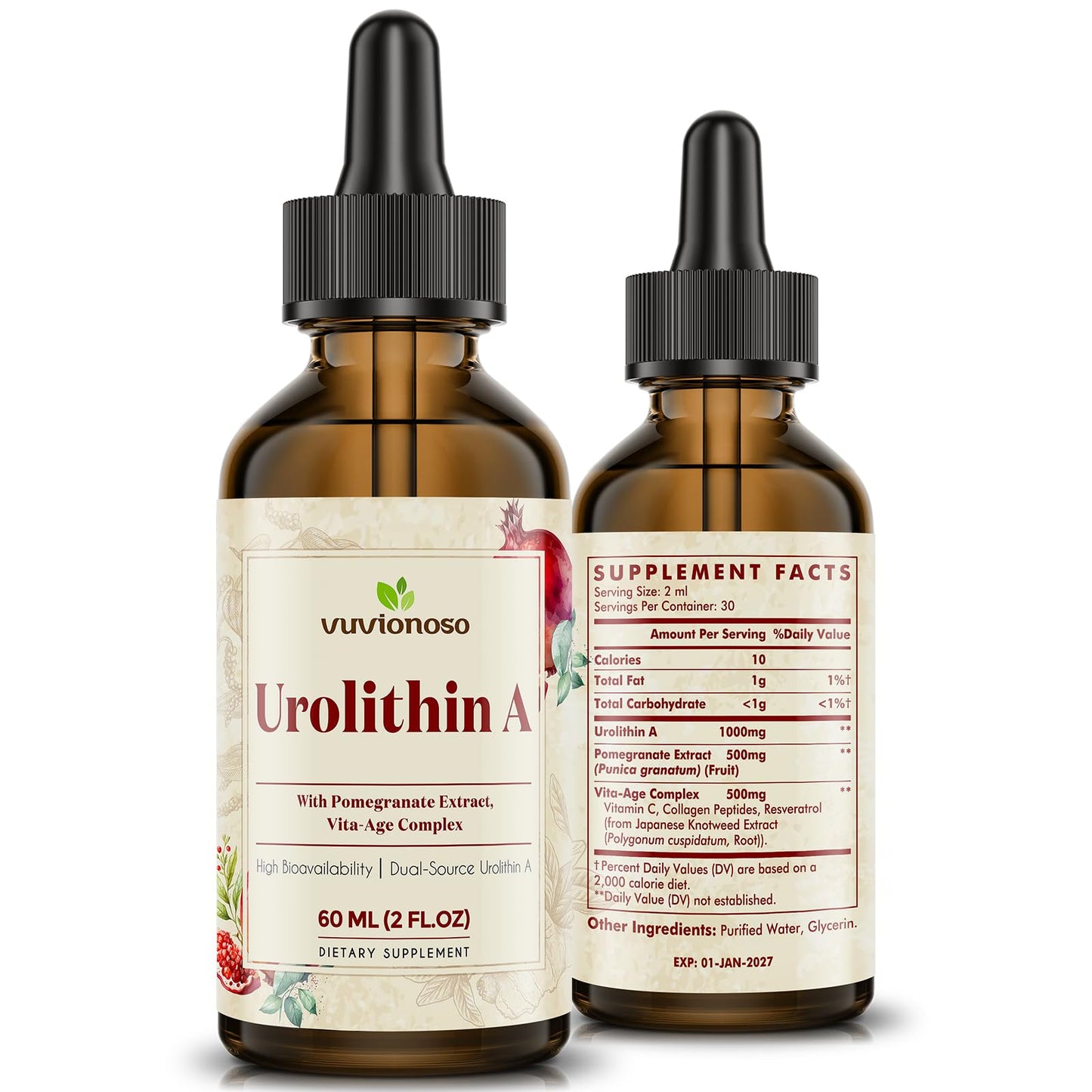Frasco de gotas líquidas de urolitina A ViveSano 2000mg
