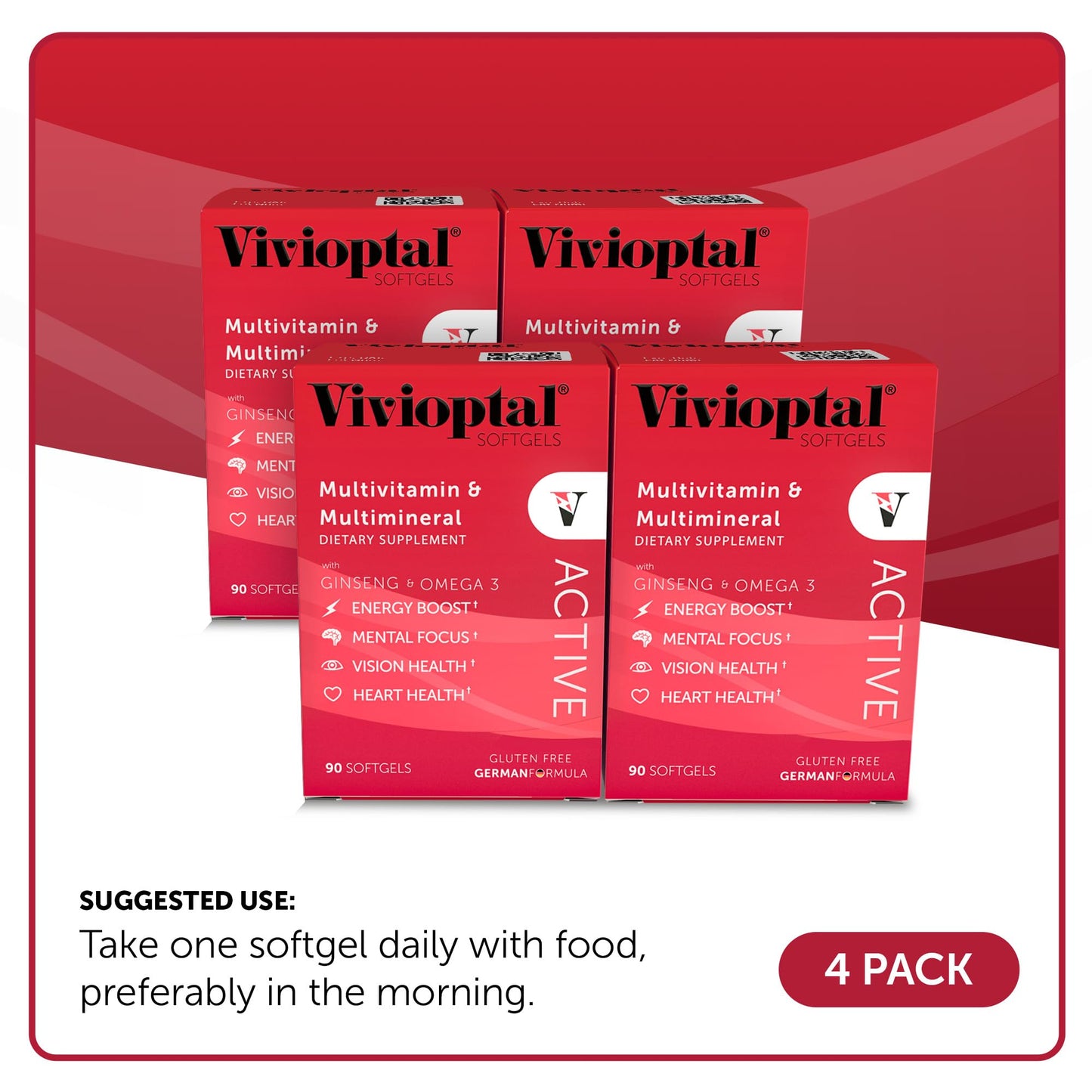 Uso sugerido de Vivioptal Active en cuatro paquetes