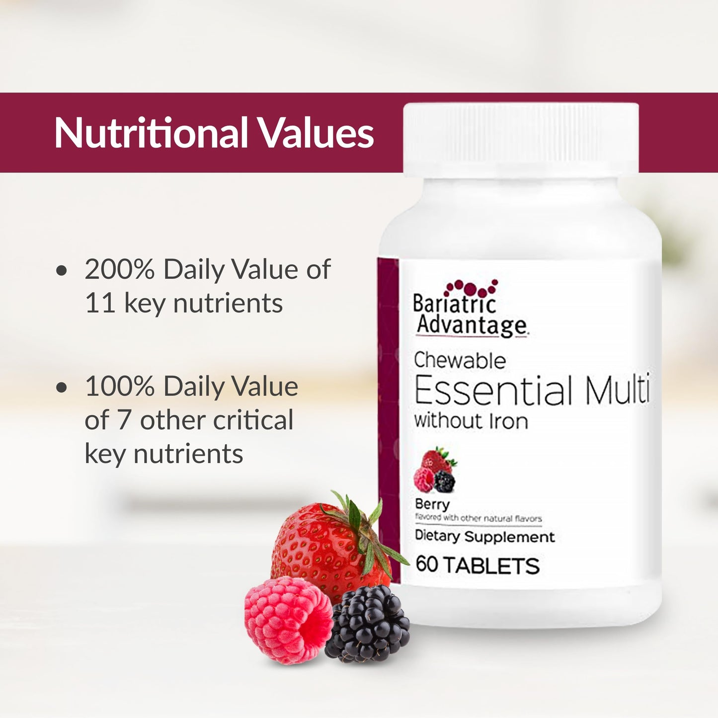 Valores nutricionales destacados de Bariatric Advantage multivitamínico