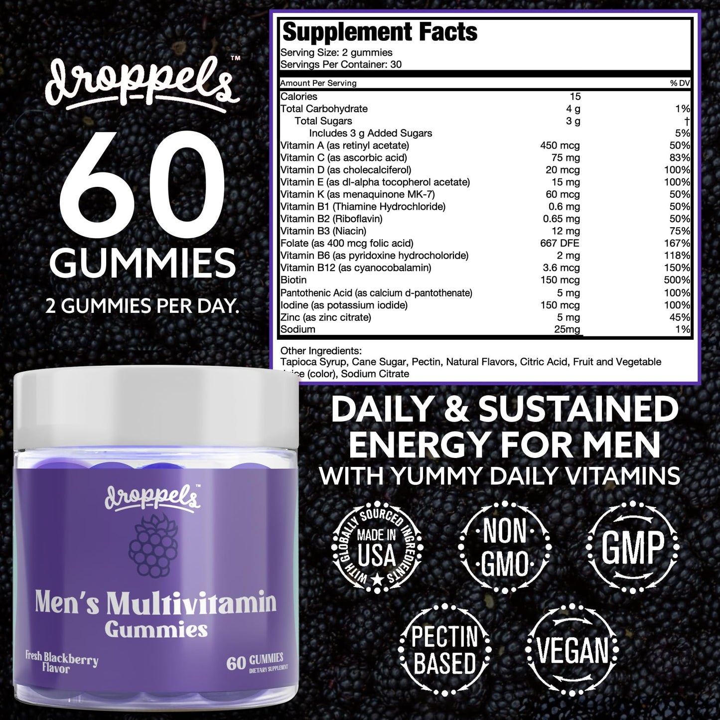 Valores nutricionales Droppels Multivitaminas.