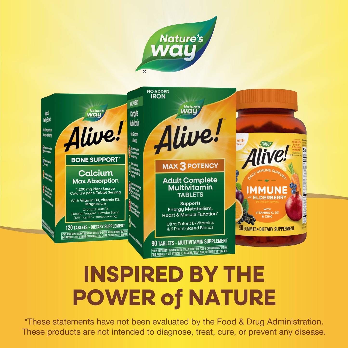 Variedad de suplementos Nature's Way, multivitamínicos y soporte óseo.
