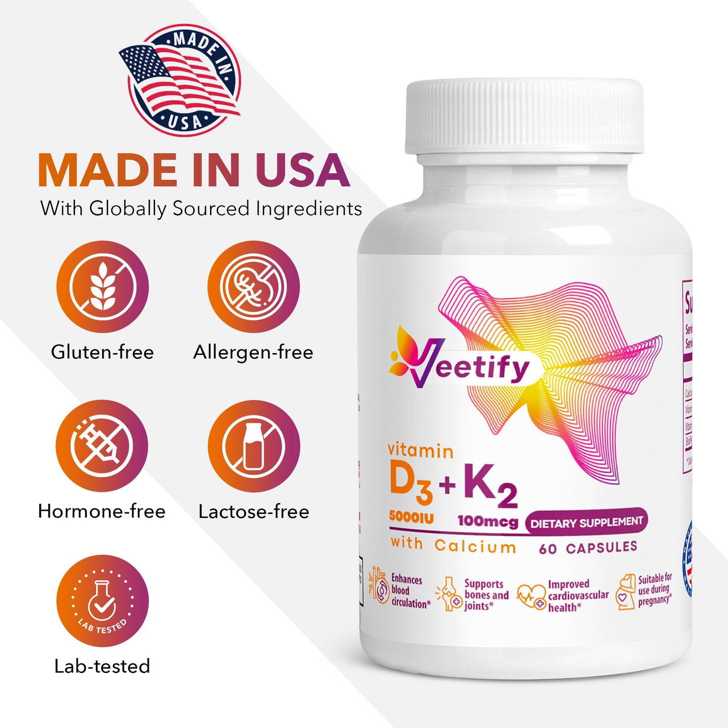 Veetify vitaminas D3 K2 calcio para soporte de huesos, articulaciones y corazón