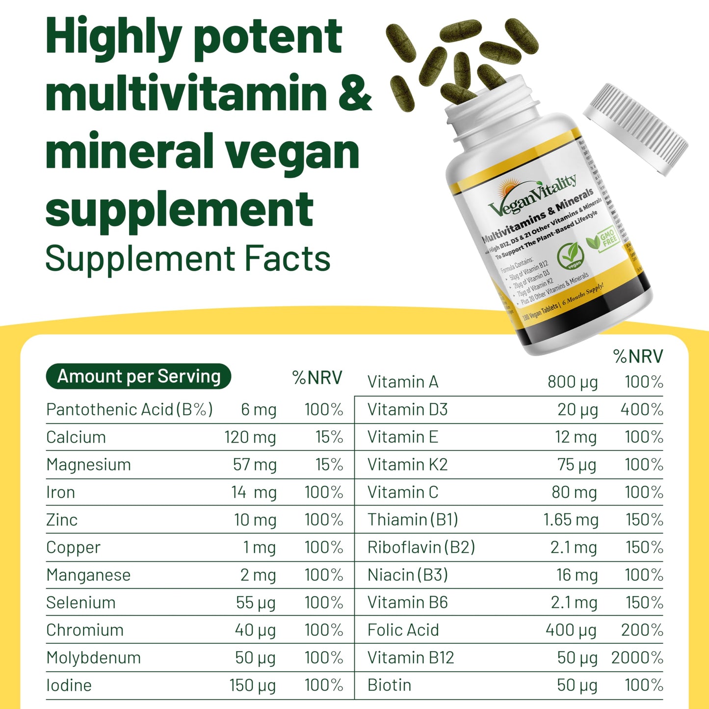 Vegan Vitality multivitaminas con detalles de suplementos y beneficios.