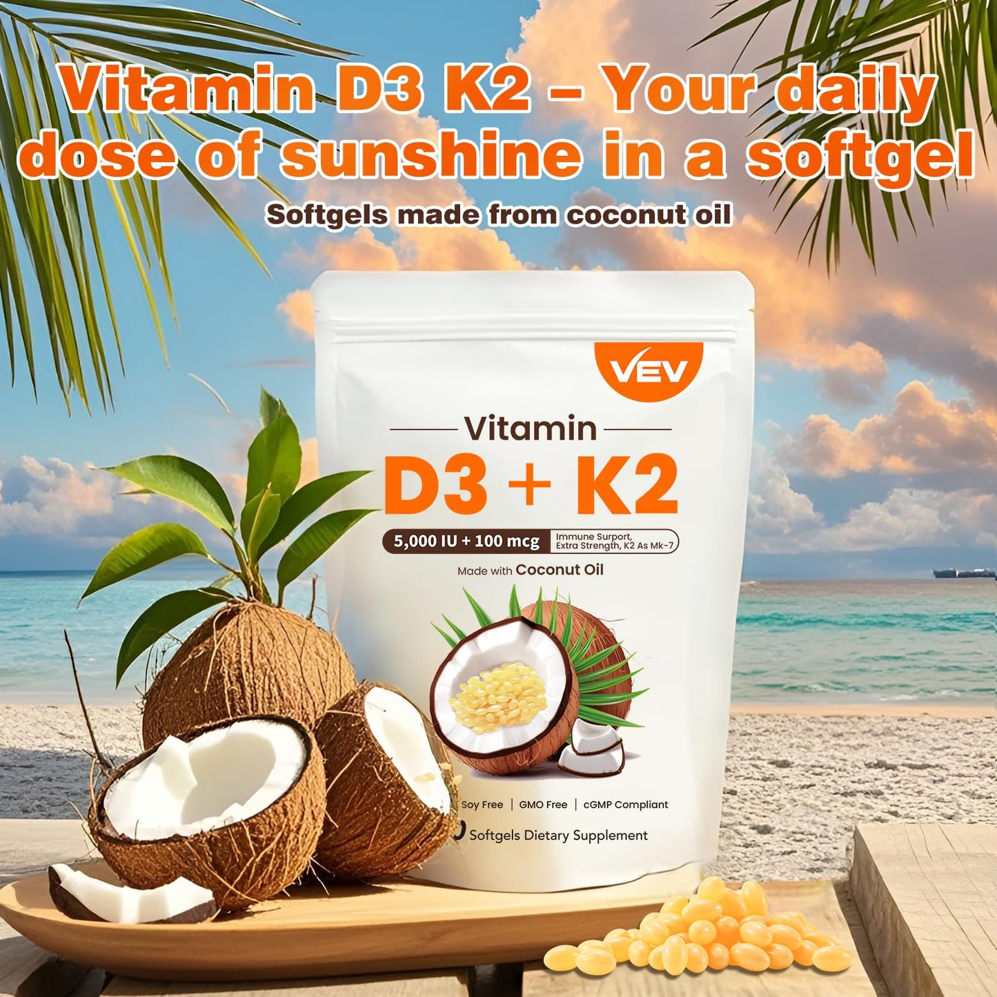 VEV vitamina d3 k2 aceite de coco frasco