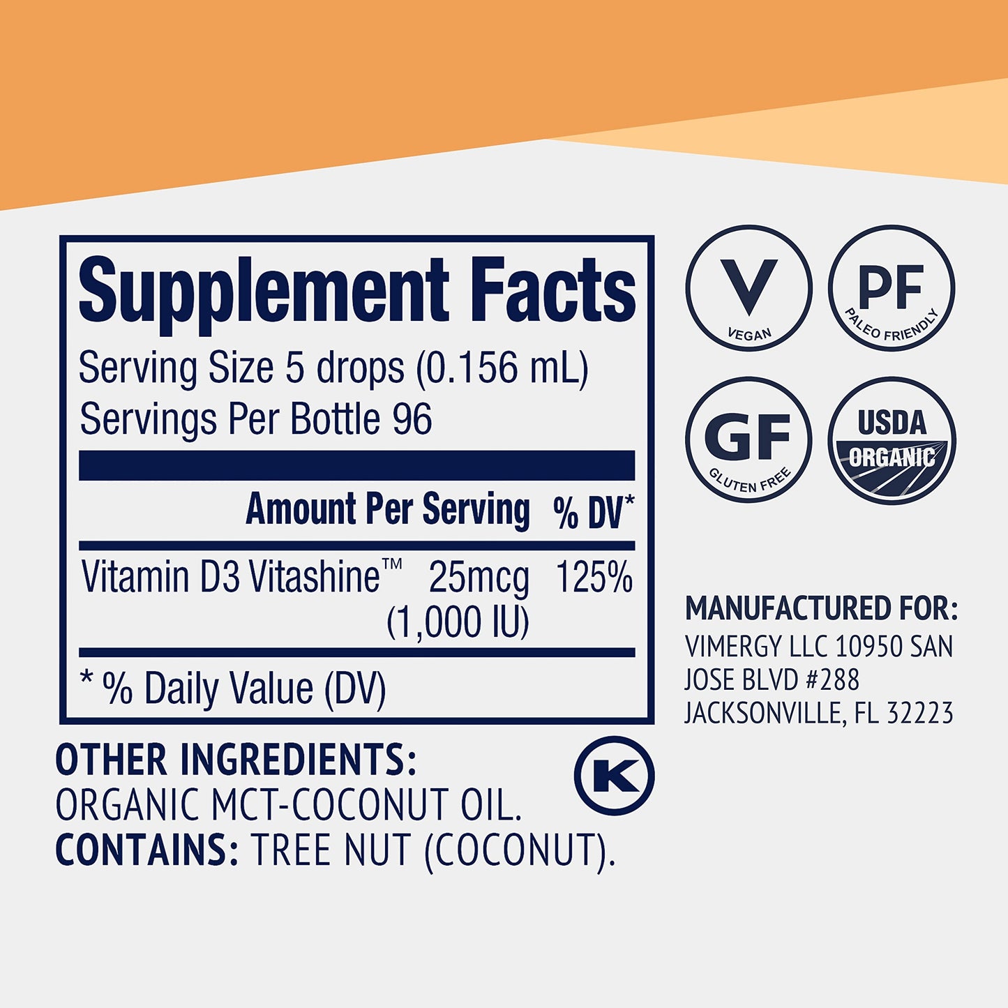 Vimergy D3 vegano certificado USDA sin gluten suplemento de alta calidad