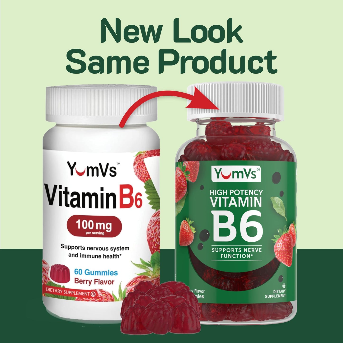 Vista frontal frascos gomitas vitaminas B6 YUM-V'S sabor fresa