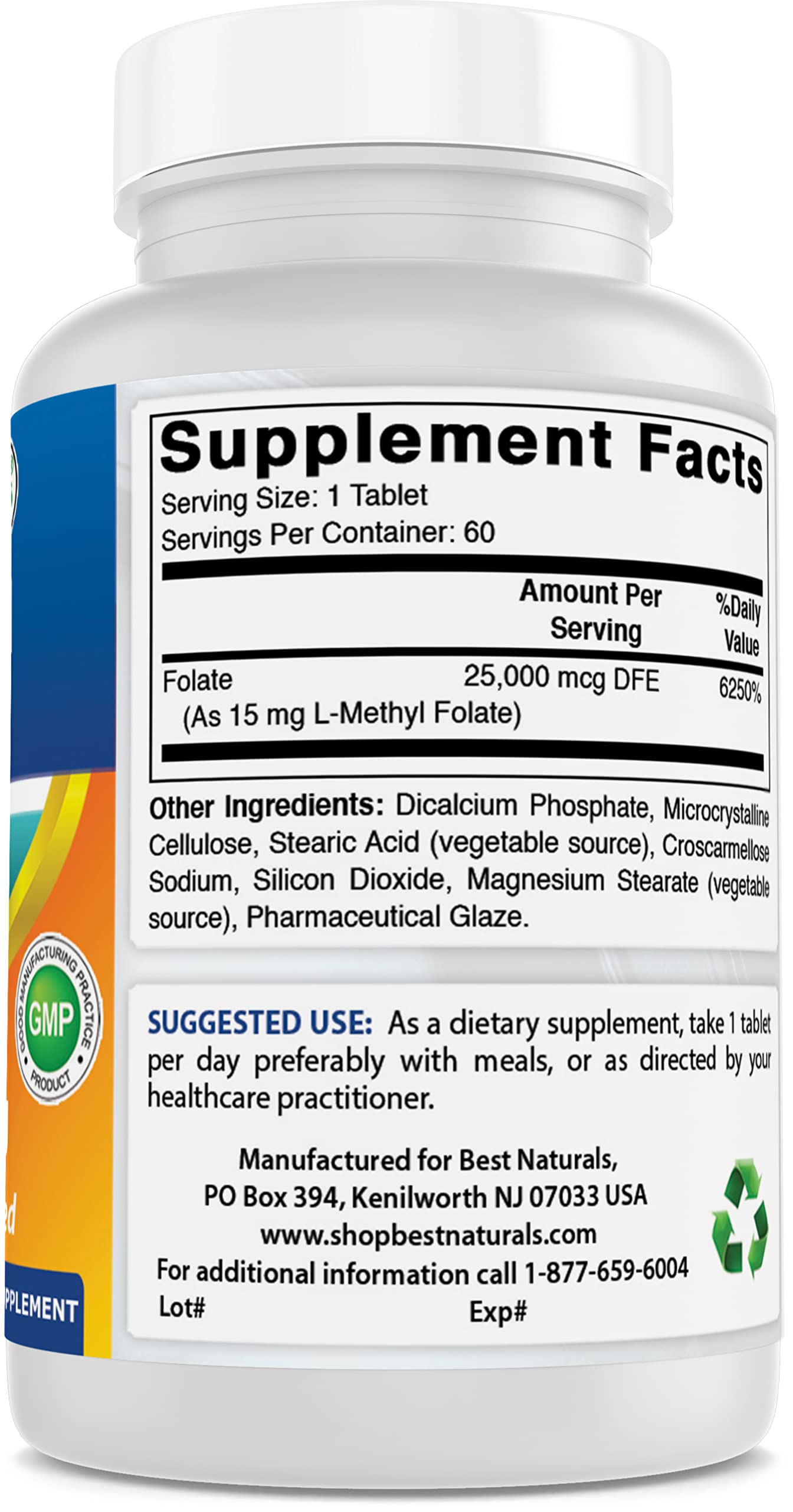 Vista lateral Best Naturals Metil Folato 15mg botella