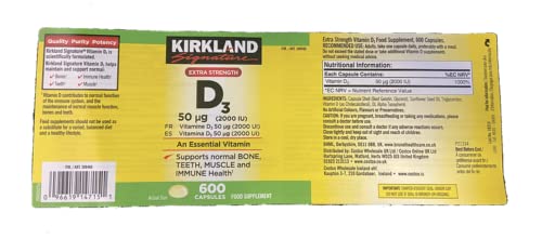 Vista lateral botella Kirkland Vitamina D3 600 cápsulas