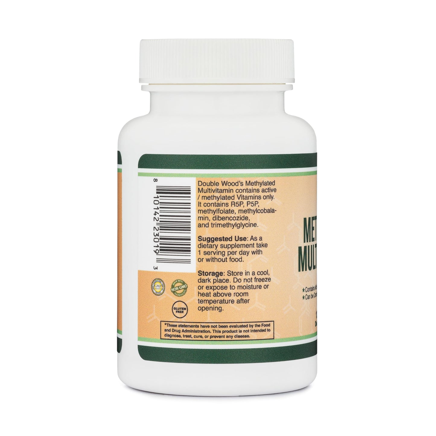 Vista lateral de la botella de multivitamínico metilado